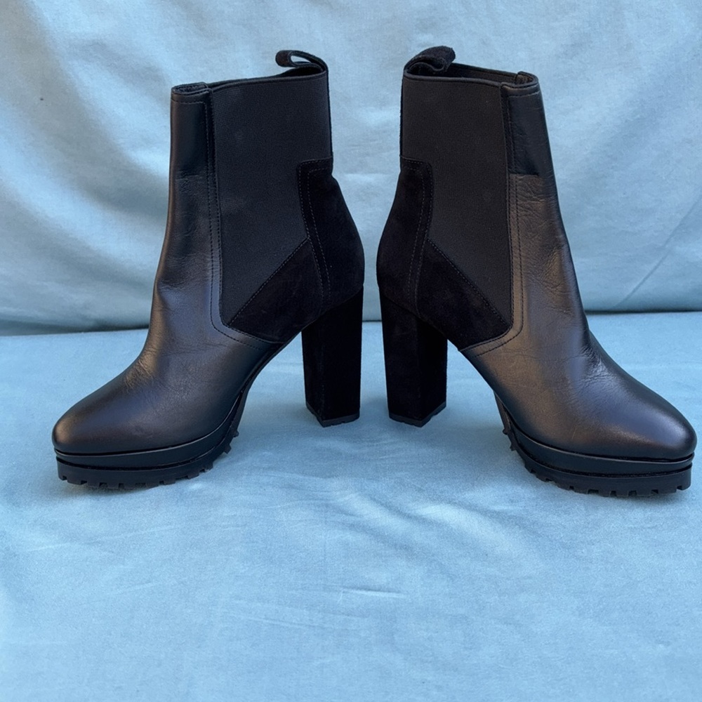 AllSaints Black Sahara Leather / Suede Boot sz 7 /EU 37 NWOT Chelsea bootie moto - Picture 1 of 9
